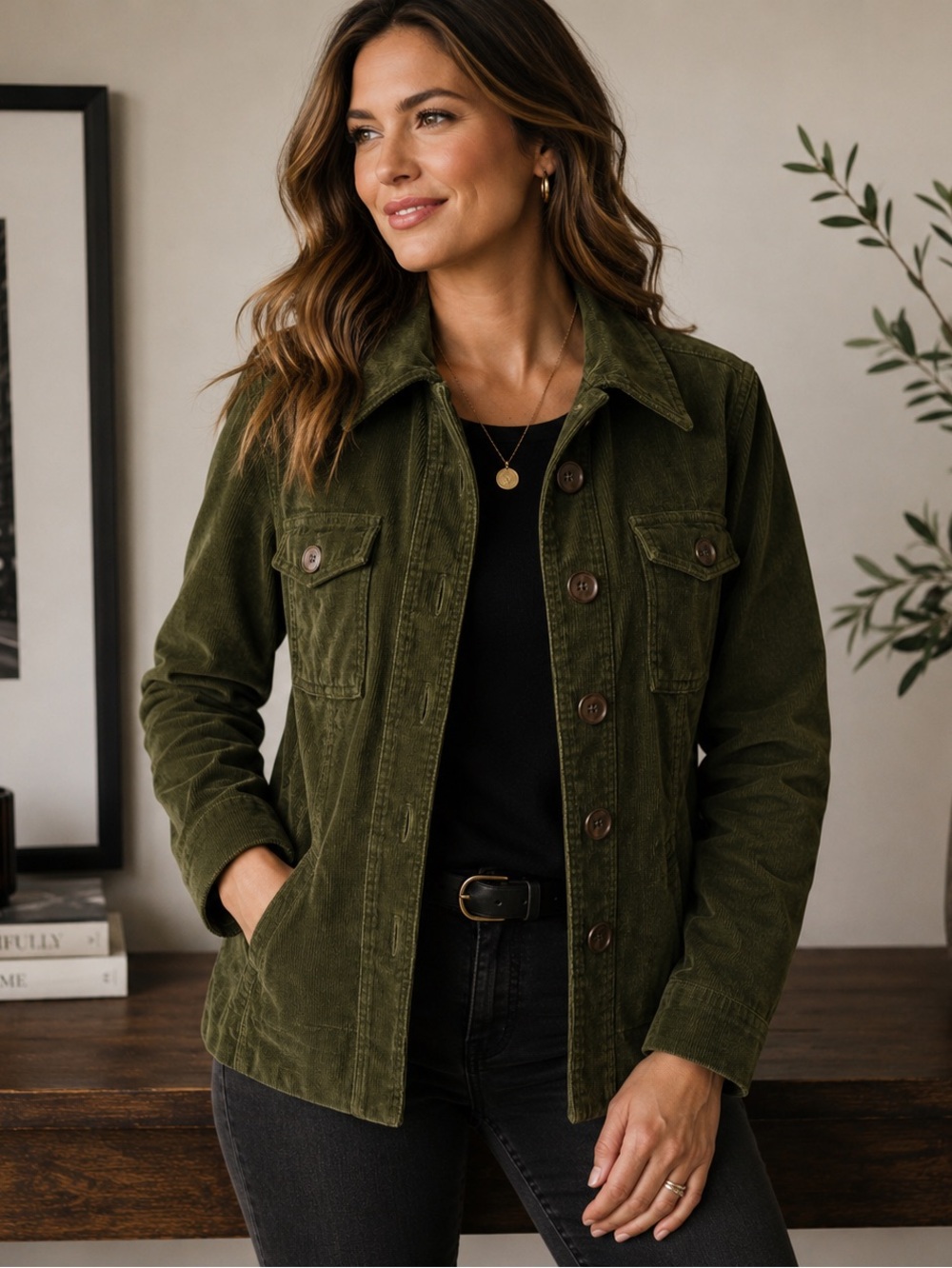 Talbots Olive Green Corduroy Utility Jacket Button Front Size 6 Like New